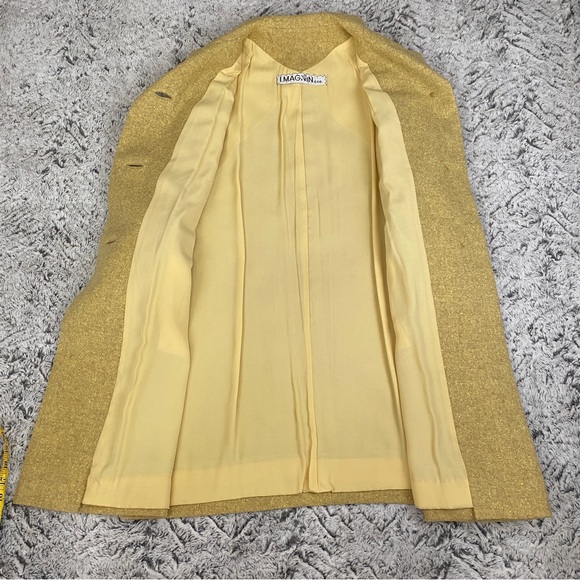 Vintage I.MAGININ peacoat long winter coat chartreuse yellow tweed - Picture 3 of 14